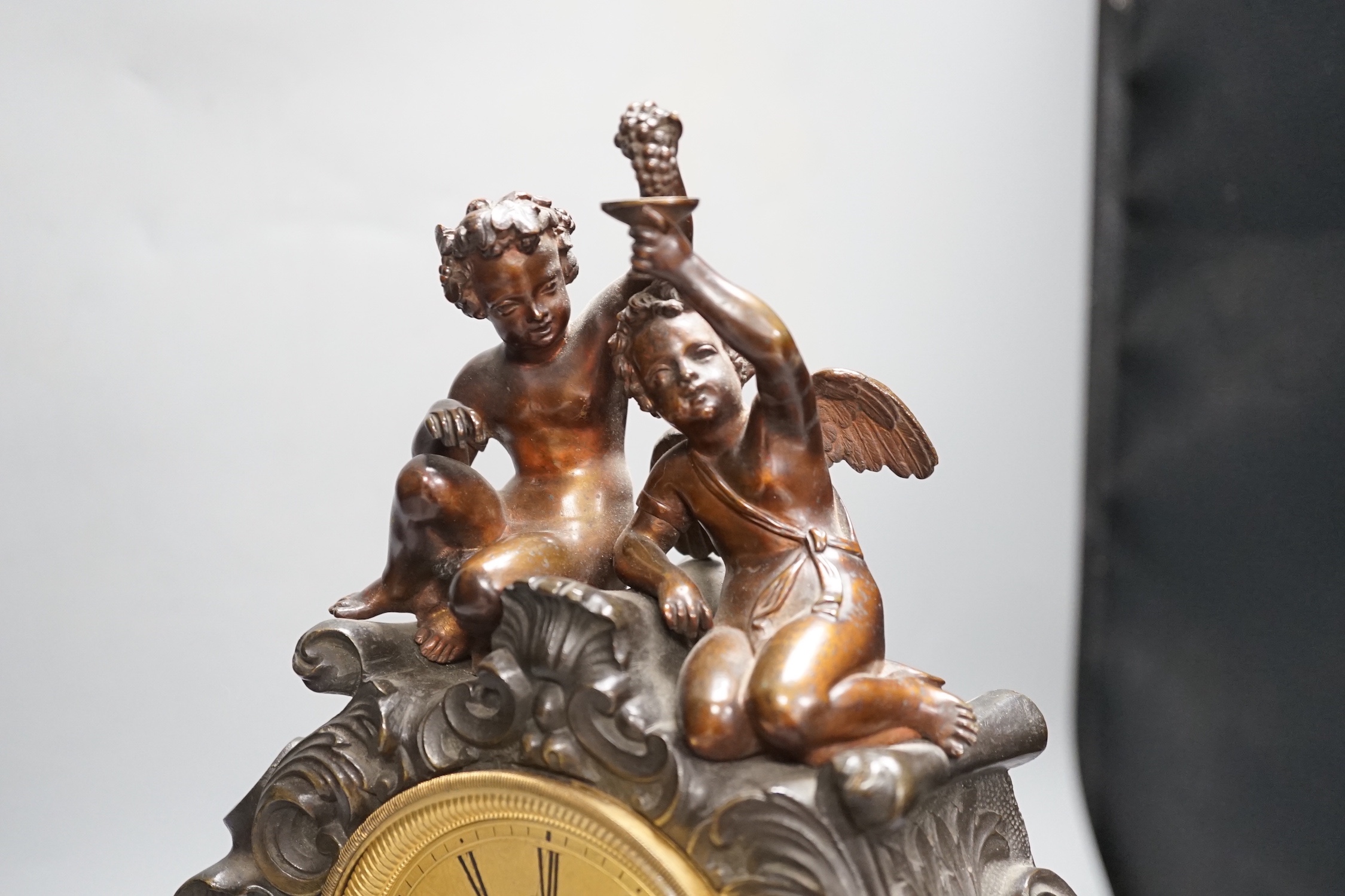 A late 19th French bronze figural mounted mantel clock 39cm